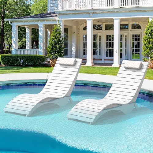 Homenjoy Pool Lounge Chairs Set of 2 - Anti-Floating HDPS Design for Pools & Backyard Sun Decks, Weighted Pool Chairs and Lounges for Poolside or Outside, Includes Headrest, White