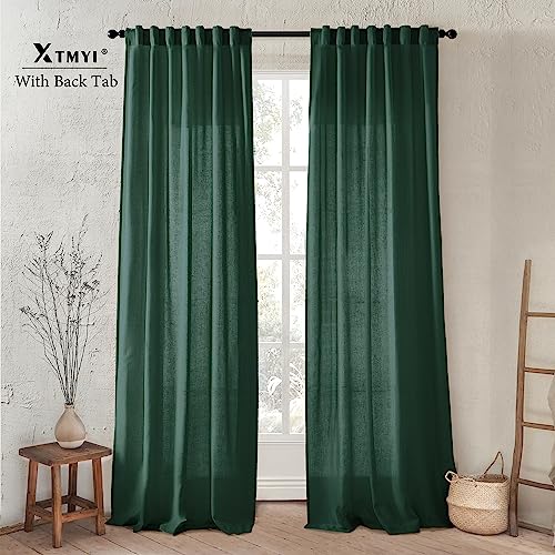 Image of XTMYI Emerald Dark Green Curtains for Living Room 84 Inches Long 2 Panels Set Linen Rod Pocket Back Tab Hooks Pleated Hunter Green Vintage Retro Curtains for Bedroom Decor Dining Room