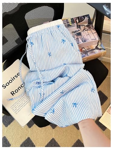 MakeMeChic Women's Summer Striped Bow Knot Print Pants Drawstring Waisted Straight Leg Trousers4