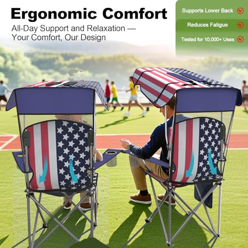 Image of VTOY Portable Camping Chair with Canopy - Folding Chair with Canopy, Durable 600D Oxford Canopy Chair for Camping, Beach, Picnics, Fishing & Sports (1 Pack Flag Design)