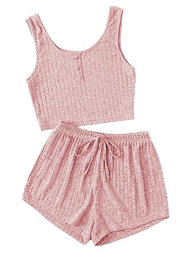 Image of SOLY HUX Women's Button Front Ribbed Knit Tank Top and Shorts Pajama Set Sleepwear Lounge Sets
