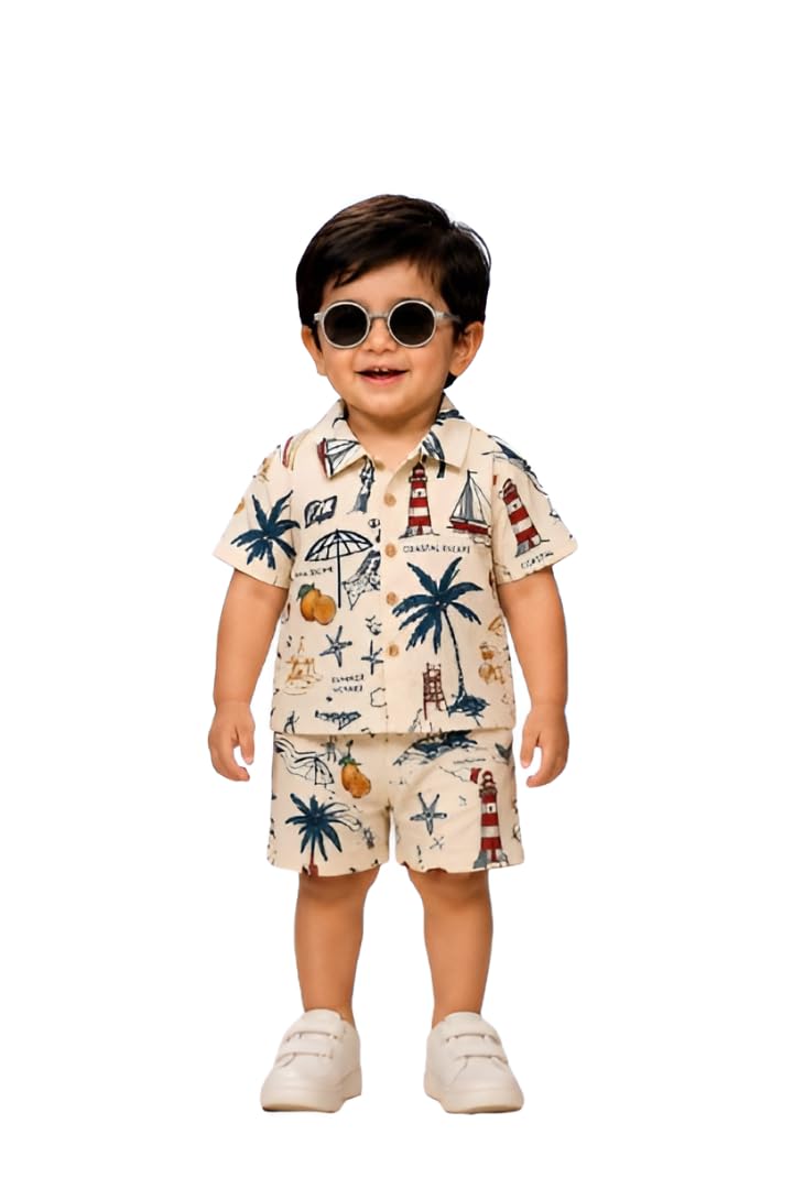Baby Boys Co-Ord Set, Half Sleeve Shirt and Shorts Matching Outfit, Coastal Digital Print Cotton Blend Clothing Set, Casual Summer Wear for Kids, Beach Theme Printed Shirt & Shorts-picture-47