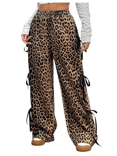 WDIRARA Girl's Leopard Print Bowknot Wide Leg Pants Y2k Elastic Waist Baggy Pants
