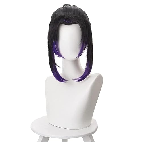 Miniatura 8 de Pelucas de cosplay de pelo corto negro y morado peluca de anime para mujeres para Halloween, carnaval, fiesta de disfraces con gorra de peluca