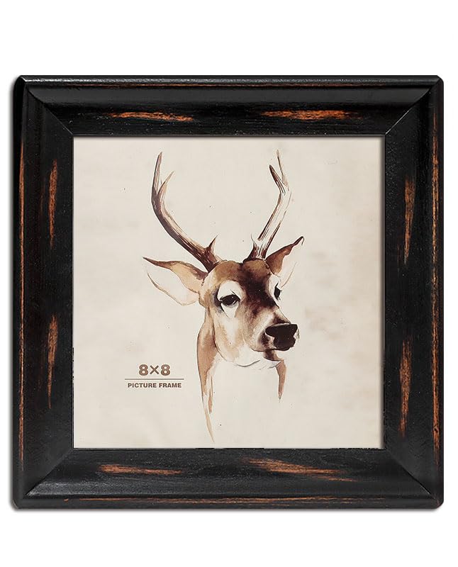 icheesday 8x8 Wooden Picture Frames, Rustic Square Photo Frame Made of Solid Wood and Real Glass for Wall Hanging And Table Standing (Black)