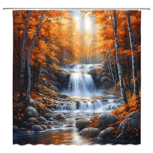 Fall Forest Shower Curtain Waterfall Autumn Nature Jungle Maple Tree Rainforest Lake Stone Stream Seasonal Hunting Scenery River Watercolor Bathroom Curtain Set Polyester Fabric Hooks 70 X 70 Inch