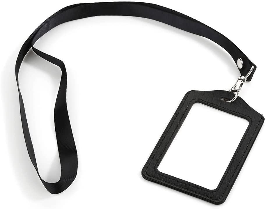 Generic Id Card Name Badge Holder Faux Leather Frame Clear Case Cover with Retractable Lanyard for Office Company