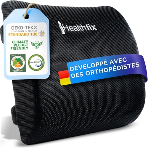 Healthfix® Coussin Lombaire Ergonomique – Soutien Dos à Mémoire de Forme – Chaise Bureau & Voiture – Améliore la Posture – Housse Respirante – Certifié Santé