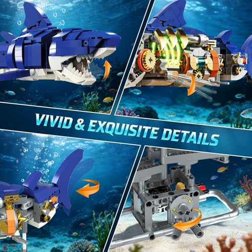 Image of SKY LINE OCEAN Mechanical Shark Building Blocks Set (687+ PCS) | Complex for Ages 14+ | Rotatable Sea Animal Model with Display Stand | STEM Construction Toy | 5 Year Structural Warranty