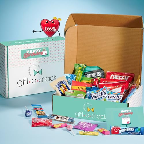 Image of Gift A Snack - Happy Birthday Snack Box Variety Pack Care Package + Greeting Card (60 Count) Bday Sweet Treats Gift Basket, Candies Chips Crackers Bars - Office Food Assortments