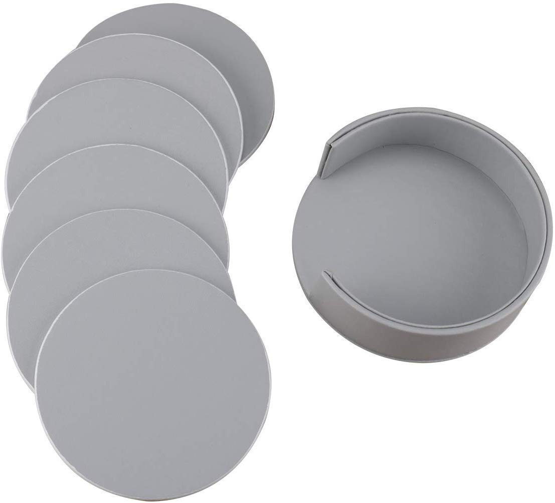 NOSKIN Coasters for Drinks, Leather Coasters with Holder, Protect Furniture from Damage 6Pcs/Set (Grey)