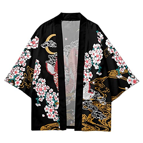 Image of DOSLAVIDA Men's Japanese Kimono Cardigan Suit Chinese Style Printed Jacket Pants Set Open Front Seven Sleeve Top & Shorts
