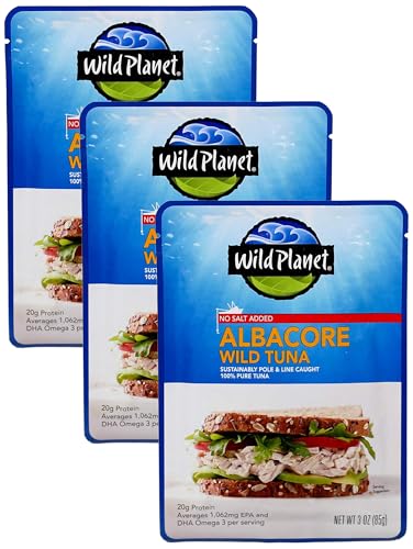 Wild Planet Wild Albacore Tuna, No Salt Added, Sustainably Wild-Caught, Kosher, Gluten Free, Keto and Paleo, 3rd Party Mercury Tested, 3 Ounce Pouch (Pack of 3)