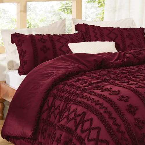 Bedsure Tufted Boho Comforter Set King Size - Dark Red Boho Bed Set, GentleSoft™ 3 Pieces Farmhouse Shabby Chic Embroidery Bedding, Gifts for Woman, Soft Jacquard King Comforter for All Seasons