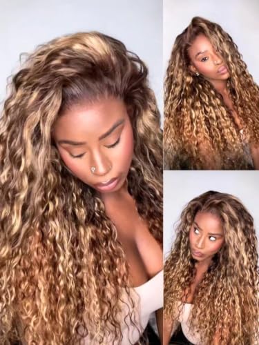 UNICE Caramel Brown Highlights Water Wave Human Hair Wig 26 Inch