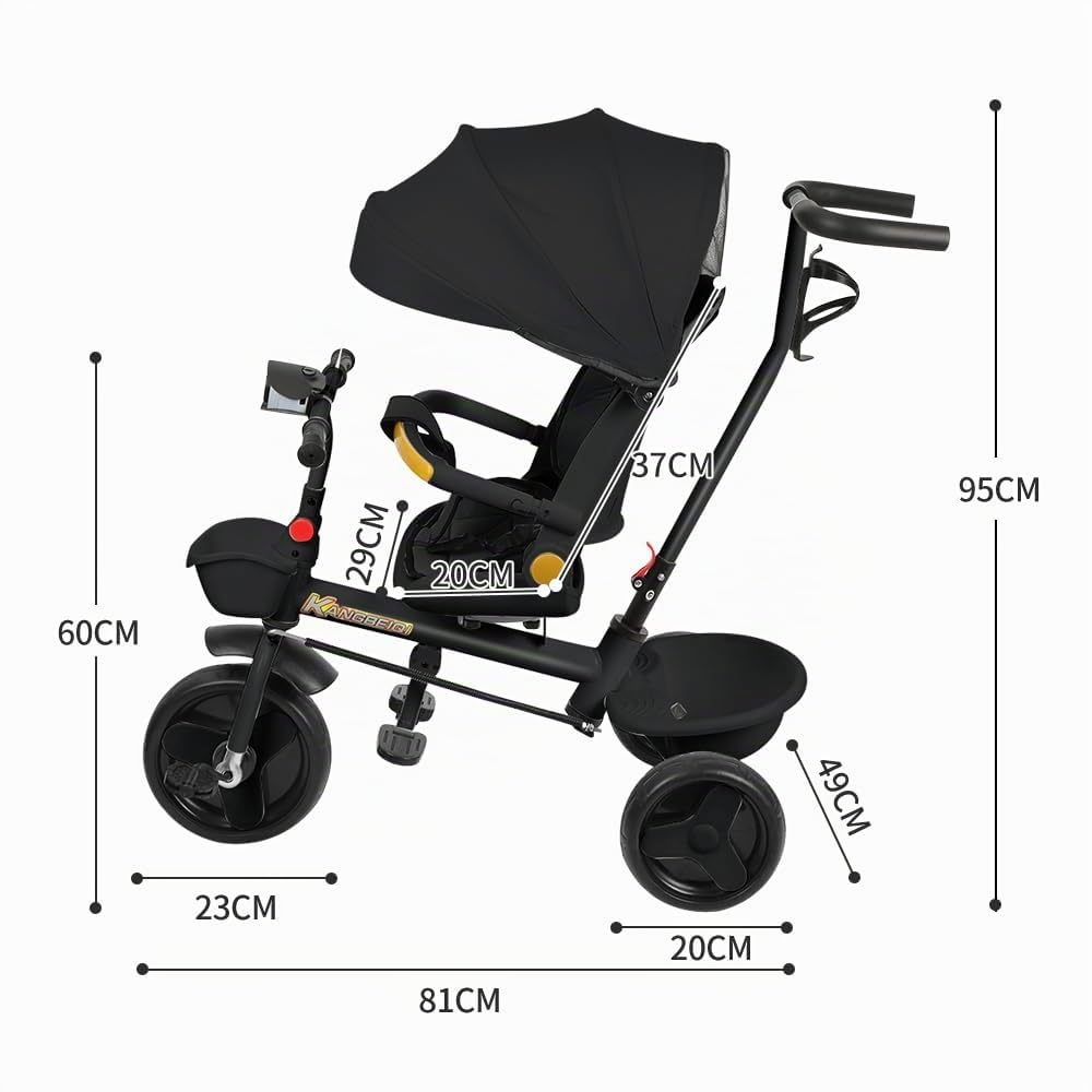 Tricycle Bébé évolutif 5 en 1 Vélo Poussette Bébé avec Siège Pivotant à 360°, Poignée de Poussée, Auvent Amovible, Ceinture de Sécurité à 3 Points, Rangement, 1 à 5 Ans (Noir, 5 en 1)