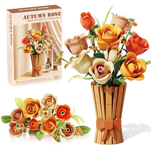 Image of Roses Flowers Set with Vase for Adults, Icon Wildflowers Bouquet Botanical Collection Kits Compatible with Lego Flowers, Artificial Flowers Set for Christmas Valentines Day Gifts Women Girls