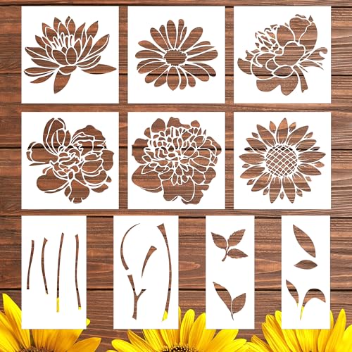 Keluna Large Flower Stencils for Painting - Wall Stencils for Painting Large Pattern on Wood Fence Garden Sunflower Peony Design