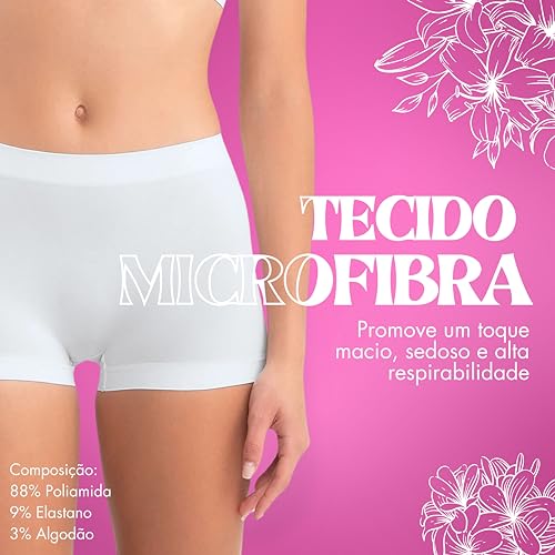 SHE BY MASH Kit 3 Boyshorts Sem Costura Microfibra Calcinha Boxer Feminina, 1 Branco - 1 Preto - 1 R