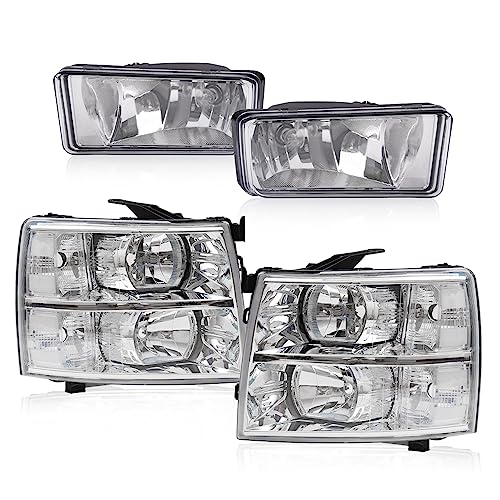 Image of GRAND ORANGE Headlights & Fog Lights Set HeadLamp Compatible with Chevy Silverado 1500 2007-2013 / Fit Chevy Silverado 2500 3500&HD 2007-2014 Driver and Passenger Side Chrome Housing Clear Lens Corner