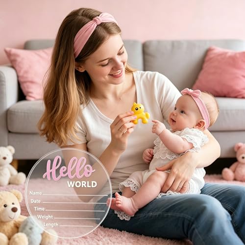 Image of Baby Announcement Sign, 5.9 Inch inchHello World inch Newborn Sign for Birth Announcement, Baby Name & Welcome Baby Board, Acrylic Newborn Announcement Sign for Hospital (Pink)