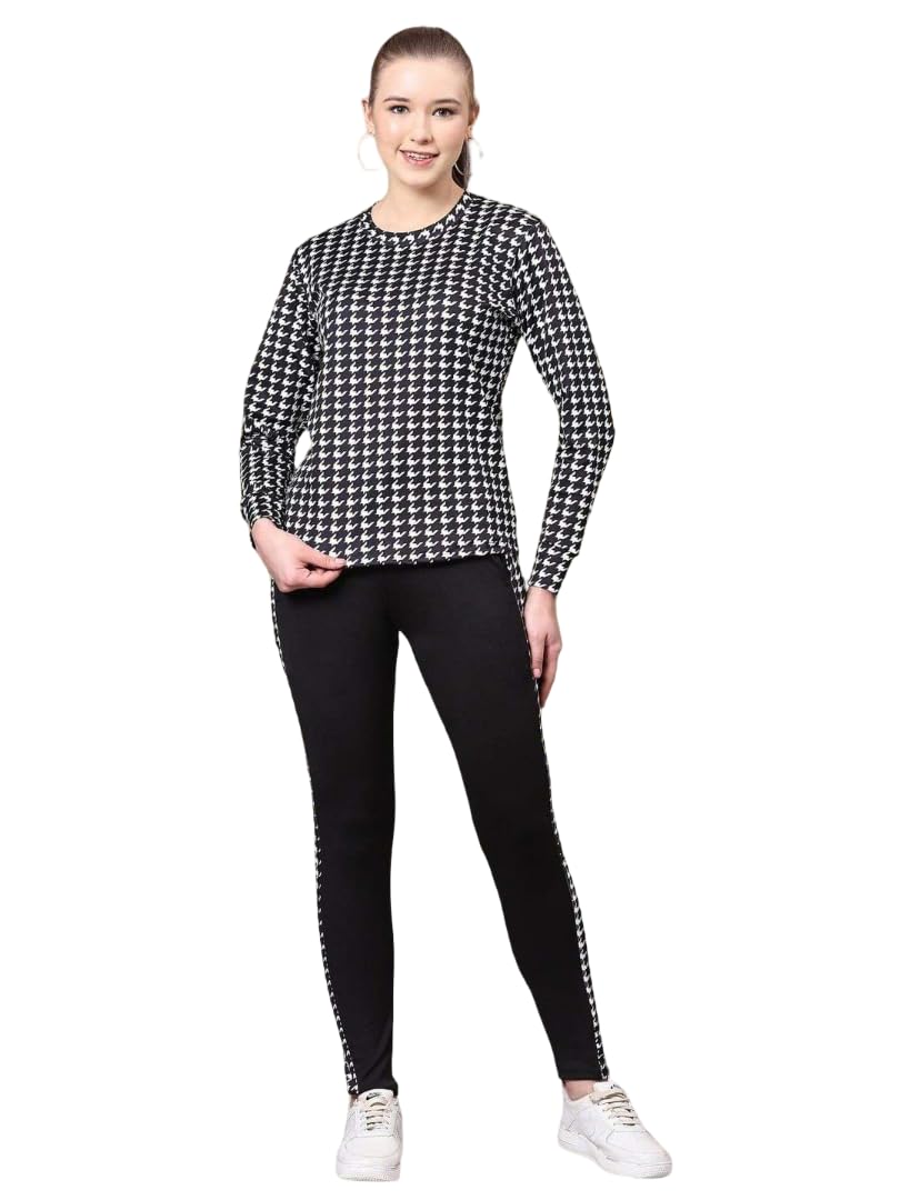 women’s stretchable polycotton co-ord set | full sleeve round neck floral printed t-shirt with matching track pants | 2-piece tracksuit for gym yoga running walking & casual wear (ss black, l)
