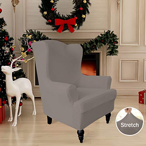Image of Easy-Going Stretch Wingback Chair Sofa Slipcover Taupe | 1-Piece Sofa Cover Furniture Protector Couch Soft with Elastic Bottom, Spandex Jacquard Fabric Small Checks