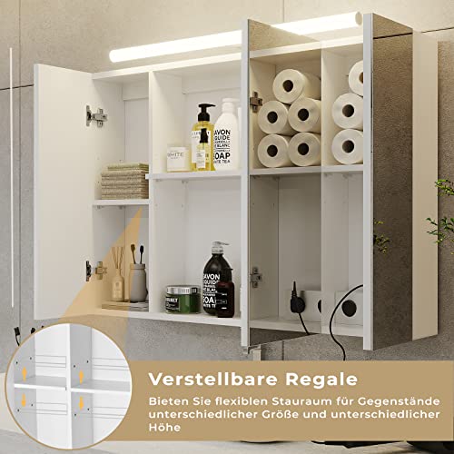 Miniatura 6 de Dictac Armario Con Espejo Baño Con Iluminación Led,Enchufe Para Máquina De Afeitar 90x60x16cm Armario De Pared Con 3 Puertas Y Estantes Ajustable Con Mucho Espacio De Almacenamiento,Blanco