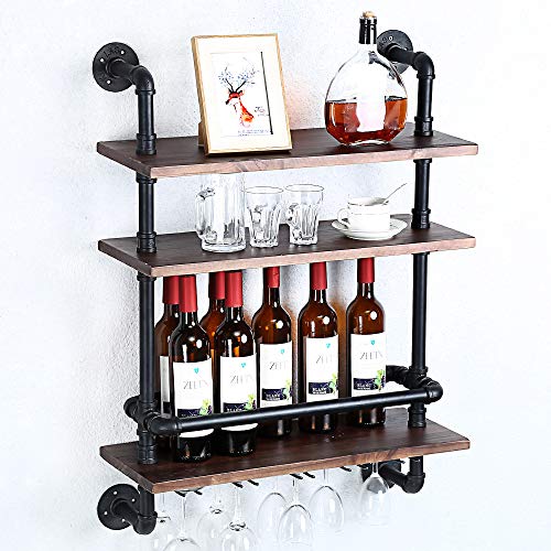 Industrial Pipe Shelf Wine Rack Wall Mounted With 5 Stem Glass Holder,3-Tiers Rustic Floating Bar Shelves Wine Shelf,24In Real Wood Shelves Wall Shelf Unit,Steam Punk Pipe Shelving Wine Glass Rack #TOP5