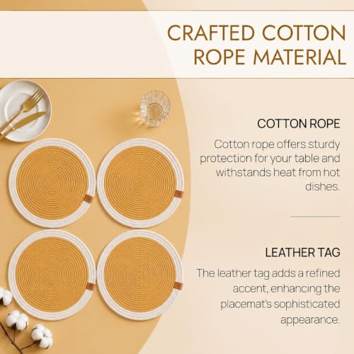 Image of Cotton Rope Placemats, Round Red with White Border, Set of 4, Heat Resistant Table Mats (Yellow and White)