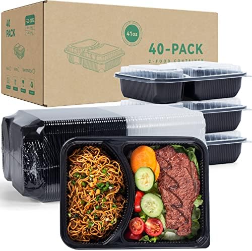 YANGRUI To Go Containers, 40 Pack (40 Trays + 40 Lids) 41oz 2 Compartment BPA Free Reusable Take Out Box Shrink Wrap Machine Washable Meal Prep Container