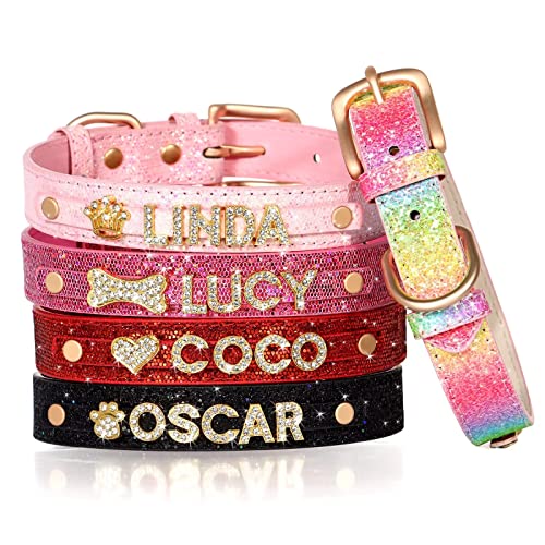 Didog Collier personnalisé à paillettes pour chien et chat, en cuir synthétique avec strass bling-bling pour chiens et chats de petite et moyenne taille, rose, taille XS – Image 8