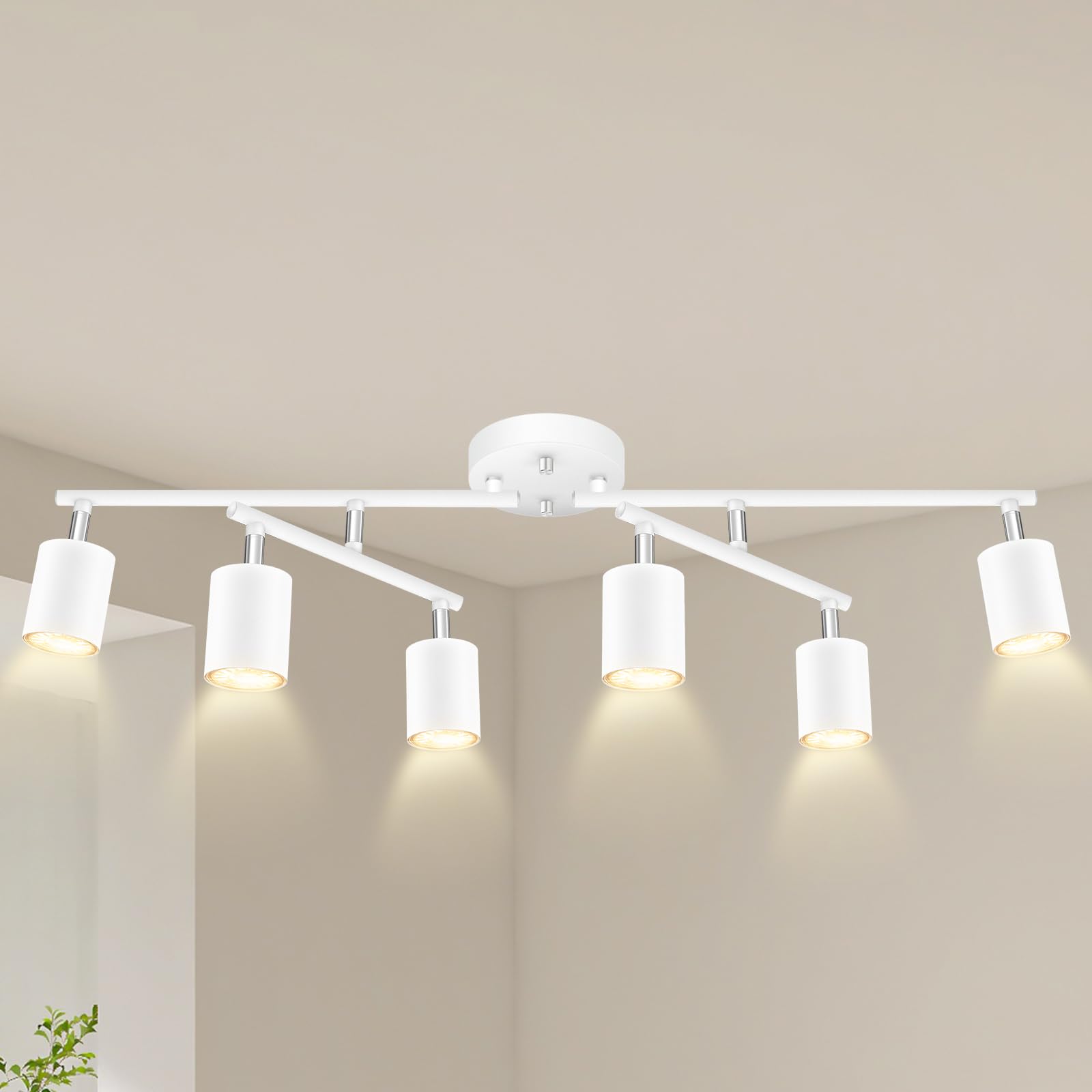 BoostArea 6 Light Track Lighting Kit, White 6 Way Ceiling Spot Lighting, Center Swivel Track Light Heads, Flexibly Rotatable Light Head for Kitchen, Living Room, Bedroom, GU10 Bulb Not Included