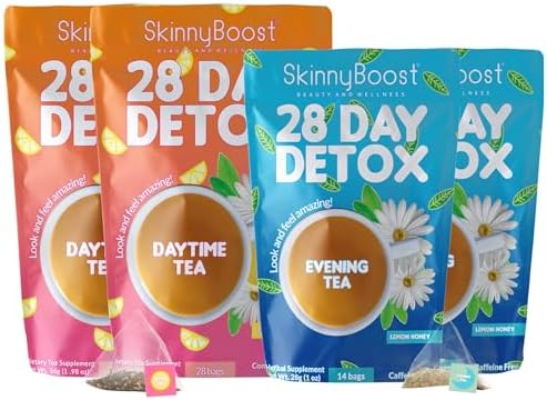 SkinnyBoost 28 Day Detox Tea Kit- (2 PACK) - 2 Daytime Teas, 2 Evening Detox Teas Non GMO, Vegan, All Natural Detox and Cleanse