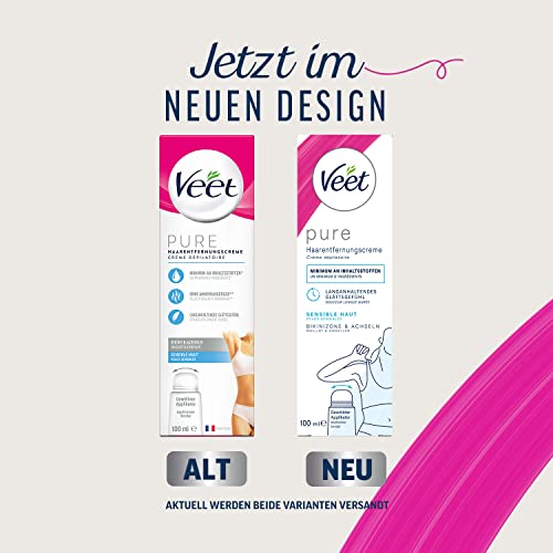 Veet Pure Haarentfernungscreme für Bikinizone & Achseln - Enthaarungscreme für sensible Haut - 100 ml Tube mit gewölbtem Applikator & Spatel