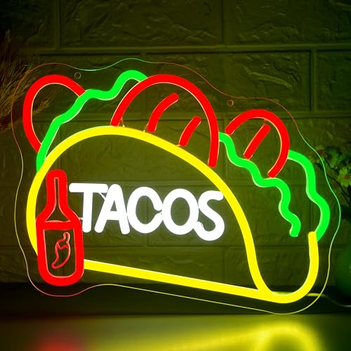Tacos Neon Sign for Wall Decor Dimmable Tacos Bell Neon Light for Man Cave Led Light Up Food Sign for Mexican Restaurant Shop Beer Bar Party Decoration Christmas Birthday Gift Size12.9*10.7I