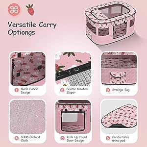 Dog Cat Playpen, Foldable Pet Playpens, Waterproof Portable Kennel Tent for Small Animals Indoor Outdoor Use + Washable pee pad(M,Pink)