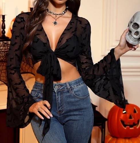 Image of For G and PL Women Tie Front Bell Sleeve Rave Crop Tops Floral Print Hippie Mesh Sheer Shirt