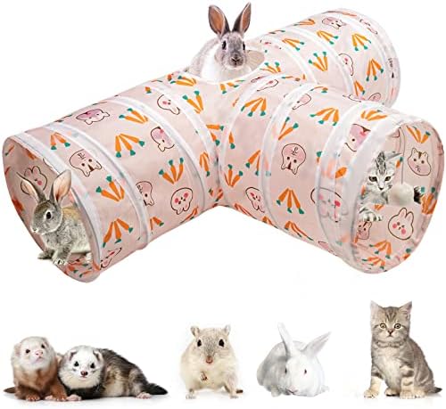 Bonjin Guinea Pig Tunnels and Tubes Collapsible 3 Way Small Animals Hideaway Activity Tunnel Toys with Cute Carrot Print Patterns, Bunny Tunnel for Guinea Pig Ferret Hamster Chinchilla(T-Shape)