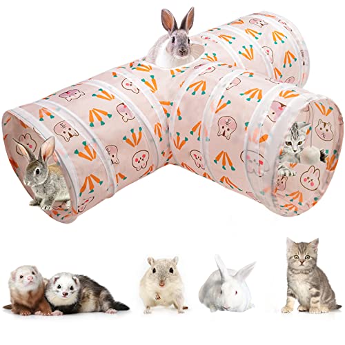 Bonjin Guinea Pig Tunnels And Tubes Collapsible 3 Way Small Animals Hideaway Activity Tunnel Toys With Cute Carrot Print Patterns, Bunny Tunnel For Guinea Pig Ferret Hamster Chinchilla(T-Shape) #TOP2