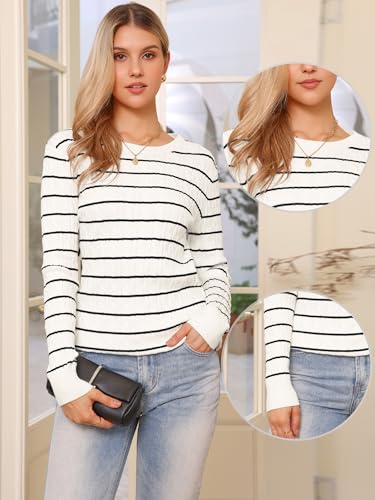 Allegra K Striped Sweater Tops for Women's Cable Knit Round Neck Fall Winter Pullover Sweaters Trendy2