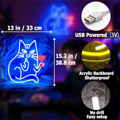 Image of Cocktail Cat Neon Sign for Wall Decor Light Up Sign Led Signs for Room Party Home Wall Decor USB Powered