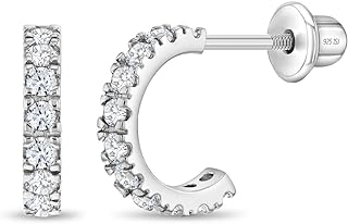 925 Sterling Silver Clear Cubic Zirconia Small Half Hoop Screw Back Earrings for Teens and Women - Classic and Elegant Safety Screw Back Earrings Wear for All Occasion