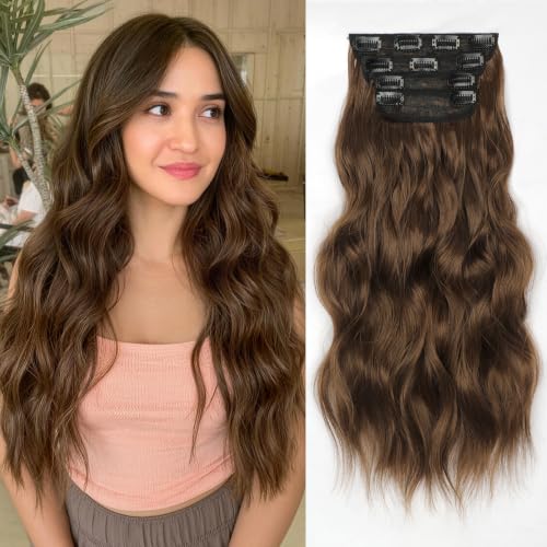 Image of KooKaStyle Clip in Synthetic Hair Extensions Long Wavy 4PCS Thick Hairpieces Warm Auburn Brown Fiber Double Weft Natural Hair Extensions 20 Inch for Women