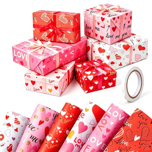 Love Heart Wrapping Paper Heart Wrapping Paper 6 Sheets 50x70cm with Tape Wedding Gift Wrap Paper for Birthday Anniversary Wedding Valentines Day