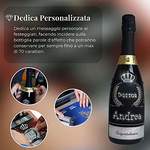 Bottiglia per Festa di Laurea PERSONALIZZABILE - Bottiglia regalo spumante italiano 0,75L con scritta Auguri Dottore in autentici cristalli e possibilità di personalizzare il nome (AUGURI DOTTORE)