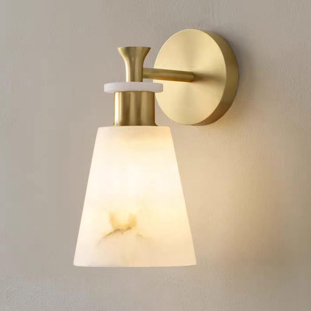 KXKLGWHN Nordic Industrial Style Natural Alabaster Wall Sconce, Hard Wire Connection Wall Light, 9.8in Marble Brass Wall Lamp, Bedside Living Room Dresser Decorative Lighting Fixtures