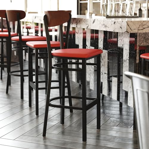 Image of Flash Furniture Wright Commercial Barstool - Walnut Finish Wood Boomerang Back - Red Vinyl Seat - 500 LB. Capacity Black Steel Frame - Integrated Footrest