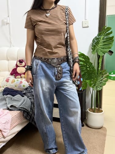 Image of Cute Striped Graphic Tees for Women Y2k Short Sleeve Preppy Teen Crop Tops
