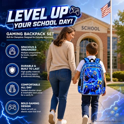 Image of 17 inch Gamer Backpack, Boys Lightning Kids Bookbag with Lunch Box, 3Pcs School Backpacks for Elementary Preschool Kindergarten (Blue)